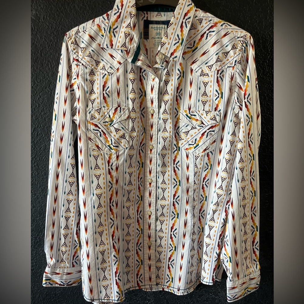 Red and Orange Button Down Shirt with Geometric Pattern